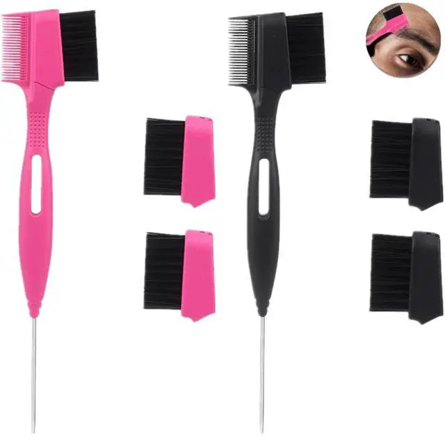 Main image of 2 Pcs Hair Edge Brush With Tail Comb, Double Sided Edge Control Hair Comb Styling Tool Eyebrow Kit for Women Girls, Pink Blac