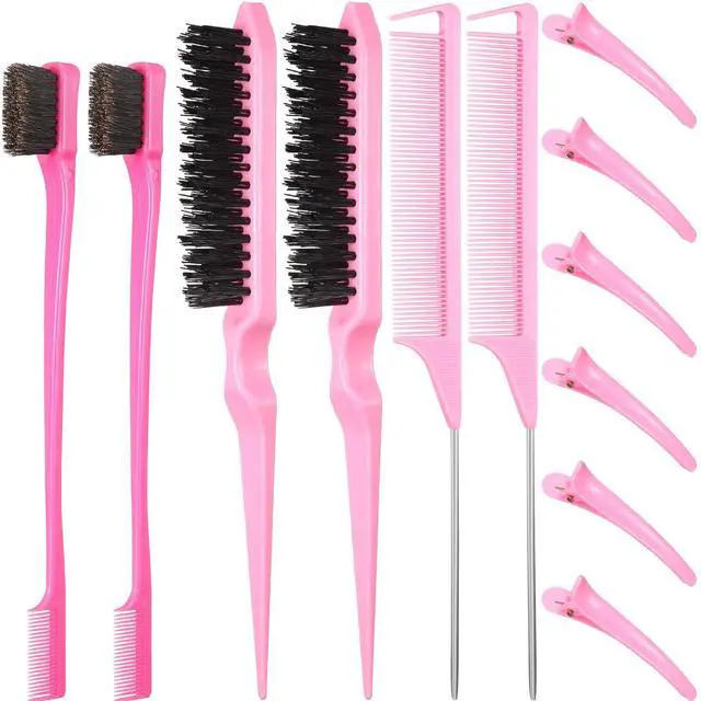 Main image of 12 Pieces Hair Brush Set, Nylon Teasing Hair Brushes 3 Row Salon Teasing Brush, Double Sided Edge Smooth Comb Grooming, Rat Tail Combs with Duckbill Clips for Women(Pink)