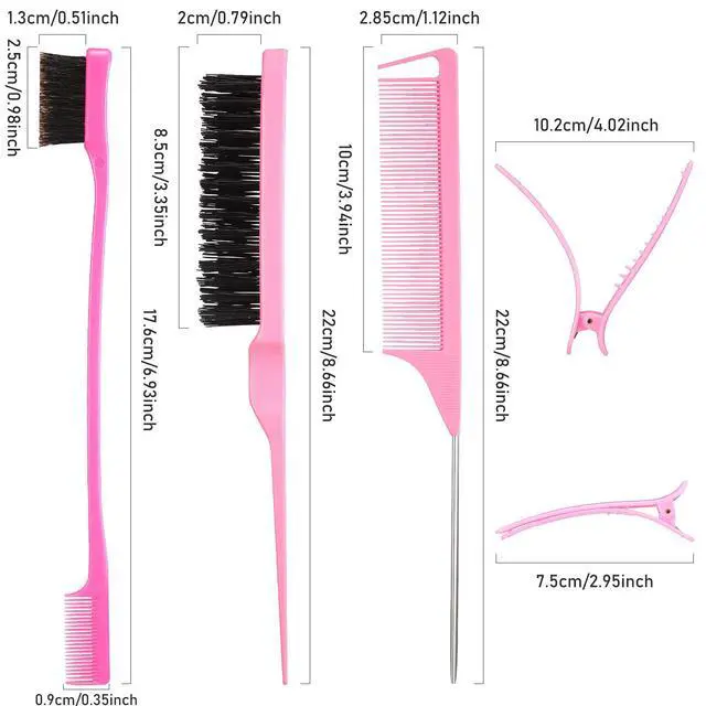 Alt view image 2 of 6 - 12 Pieces Hair Brush Set, Nylon Teasing Hair Brushes 3 Row Salon Teasing Brush, Double Sided Edge Smooth Comb Grooming, Rat Tail Combs with Duckbill Clips for Women(Pink)