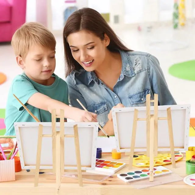 Alt view image 6 of 7 - 2 Pack 11.8" Wood Easels,Tabletop Easel for Painting,Painting Party, Displaying Canvases, Kids Student Table School Desktop, Portable Canvas Photo Picture Sign Holder