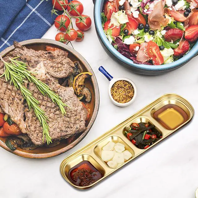 Alt view image 6 of 7 - 4 Pcs Stainless Steel Sauce Dish, Divided Dipping Plates, Divided Seasoning Sauce Dip Bowl, 1/2/3/4 Compartment Sauce Vinegar Seasoning Dishes, Vinegar Soy Spice Condiment Tray for Home