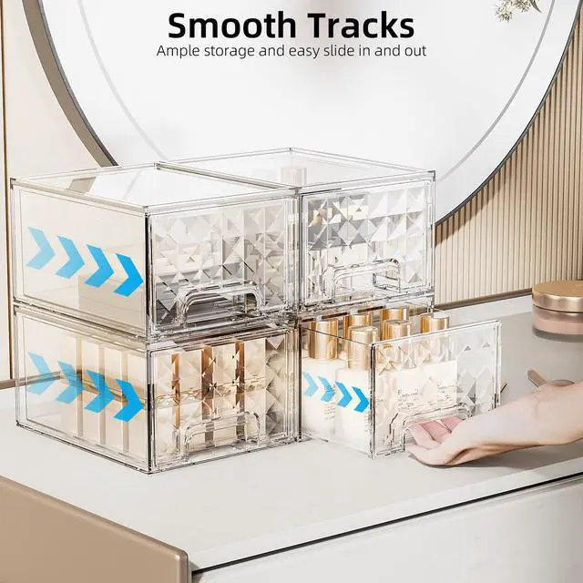 Alt view image 4 of 7 - 2 Pack Stackable Storage Drawers, Makeup Skincare Holder Vanity Storage Organizer, Plastic Drawers For Vanity Desk, Undersink, Kitchen Cabinet, Pantry, Clear, Ideal Gifts for Women