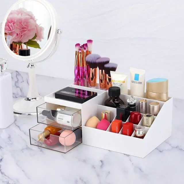 Alt view image 2 of 7 - Desk Organizer, Cosmetic Makeup Vanity Organizer Box, Bathroom Counter Makeup Storage for Eyeshadows, Skin Care, Concealers, Powders, Nail Polish (White)