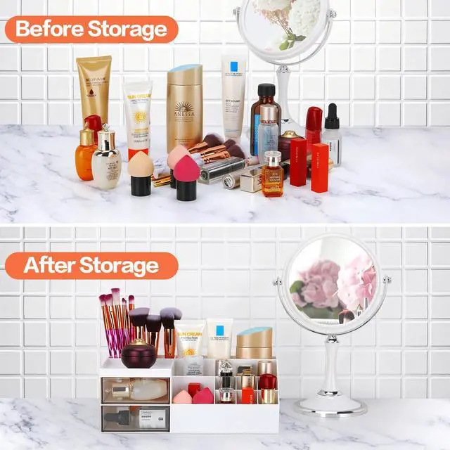 Alt view image 4 of 7 - Desk Organizer, Cosmetic Makeup Vanity Organizer Box, Bathroom Counter Makeup Storage for Eyeshadows, Skin Care, Concealers, Powders, Nail Polish (White)