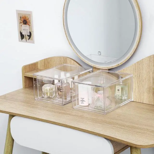 Alt view image 4 of 7 - 2 Pack Stackable Makeup Organizer - 4.5'' Tall Acrylic Cosmetic Display Case - Clear Plastic Storage Bins For Vanity, Under Cabinets, Pantry Organization