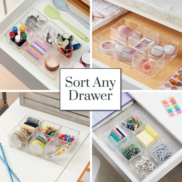 Alt view image 4 of 7 - SimpleSort 3-Piece Stackable Clear Drawer Organizer Set | 9" x 6" x 2" Rectangle Trays | Wide Makeup Vanity Storage Bins and Office Desk Drawer Dividers | Made in USA
