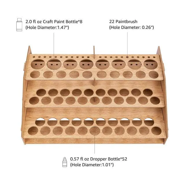 Alt view image 3 of 5 - Craft Paint and Brush Organizer Rack for Paint Bottles, Holds up to 60 Bottles and 22 Brushes, Wood Finish, 14 x 8 in, Light Brown