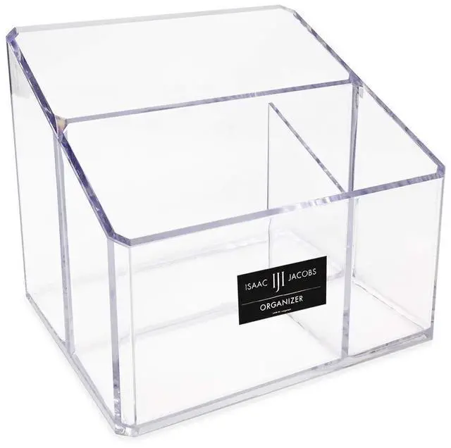 Main image of Clear Acrylic 3-Compartment Organizer, Remote Holder & Multi-Functional Makeup, Brush, Pen & Pencil Storage Solution, for The Home, Bathroom, Office, Childs Desk (3-Section, Clear)