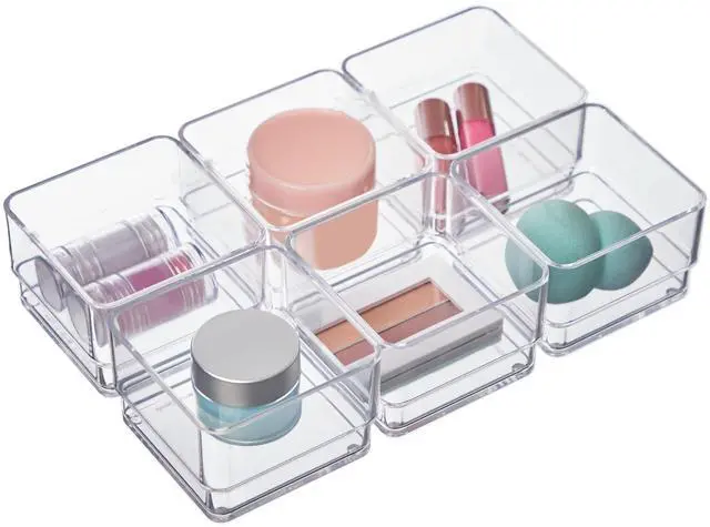 Main image of SimpleSort 6-Piece Stackable Clear Drawer Organizer Set | 3" x 3" x 2" Square Trays | Small Makeup Vanity Storage Bins and Office Desk Drawer Dividers | Made in USA