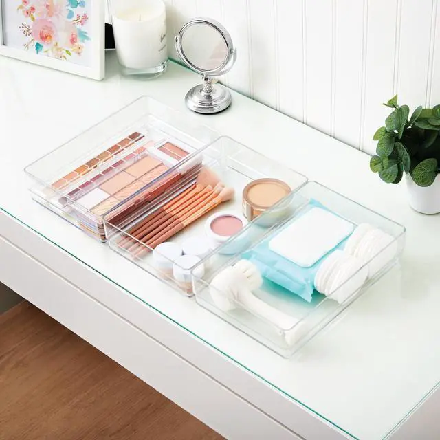 Alt view image 7 of 7 - SimpleSort 3-Piece Stackable Clear Drawer Organizer Set | 9" x 6" x 2" Rectangle Trays | Wide Makeup Vanity Storage Bins and Office Desk Drawer Dividers | Made in USA