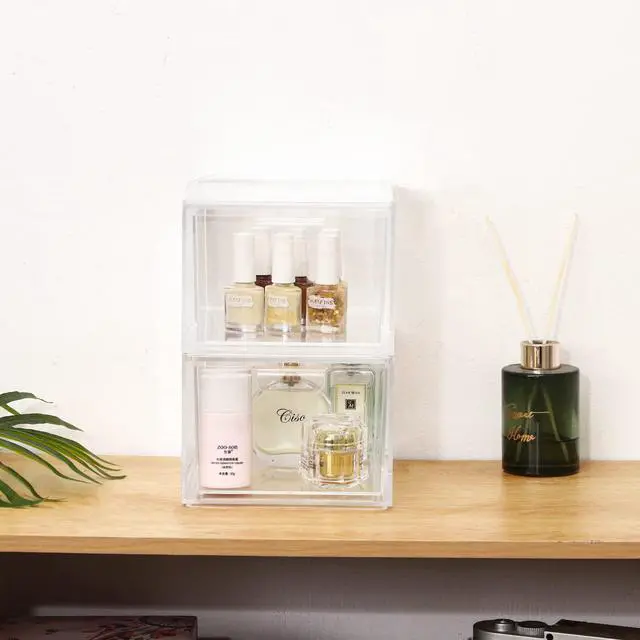 Alt view image 3 of 7 - 2 Pack Stackable Makeup Organizer - 4.5'' Tall Acrylic Cosmetic Display Case - Clear Plastic Storage Bins For Vanity, Under Cabinets, Pantry Organization