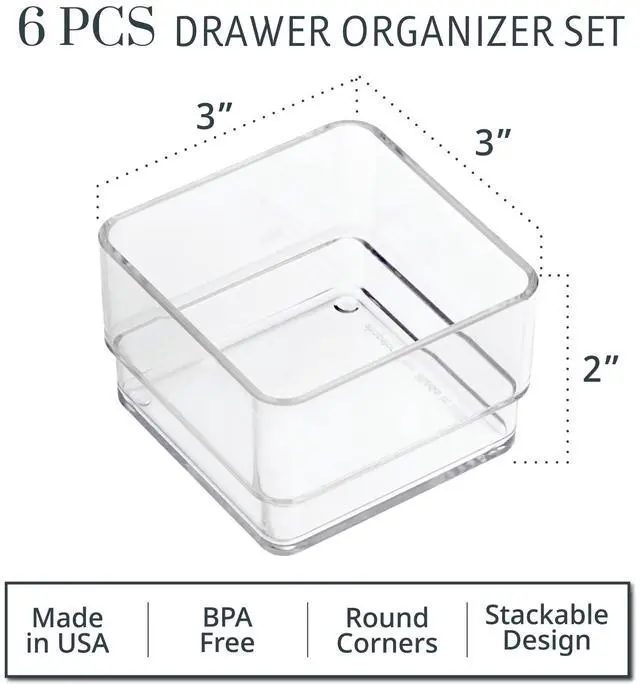 Alt view image 2 of 7 - SimpleSort 6-Piece Stackable Clear Drawer Organizer Set | 3" x 3" x 2" Square Trays | Small Makeup Vanity Storage Bins and Office Desk Drawer Dividers | Made in USA