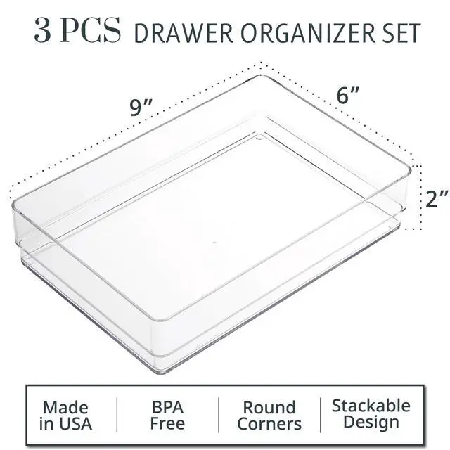 Alt view image 2 of 7 - SimpleSort 3-Piece Stackable Clear Drawer Organizer Set | 9" x 6" x 2" Rectangle Trays | Wide Makeup Vanity Storage Bins and Office Desk Drawer Dividers | Made in USA