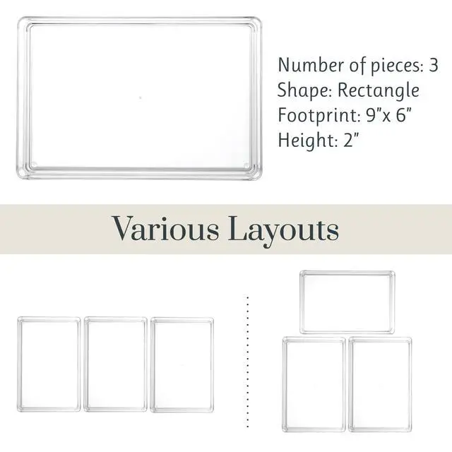 Alt view image 5 of 7 - SimpleSort 3-Piece Stackable Clear Drawer Organizer Set | 9" x 6" x 2" Rectangle Trays | Wide Makeup Vanity Storage Bins and Office Desk Drawer Dividers | Made in USA