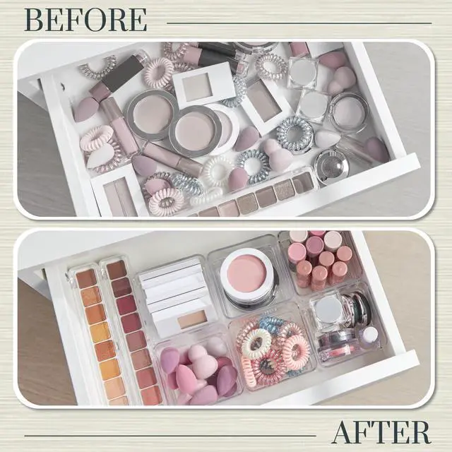 Alt view image 6 of 7 - SimpleSort 6-Piece Stackable Clear Drawer Organizer Set | 3" x 3" x 2" Square Trays | Small Makeup Vanity Storage Bins and Office Desk Drawer Dividers | Made in USA