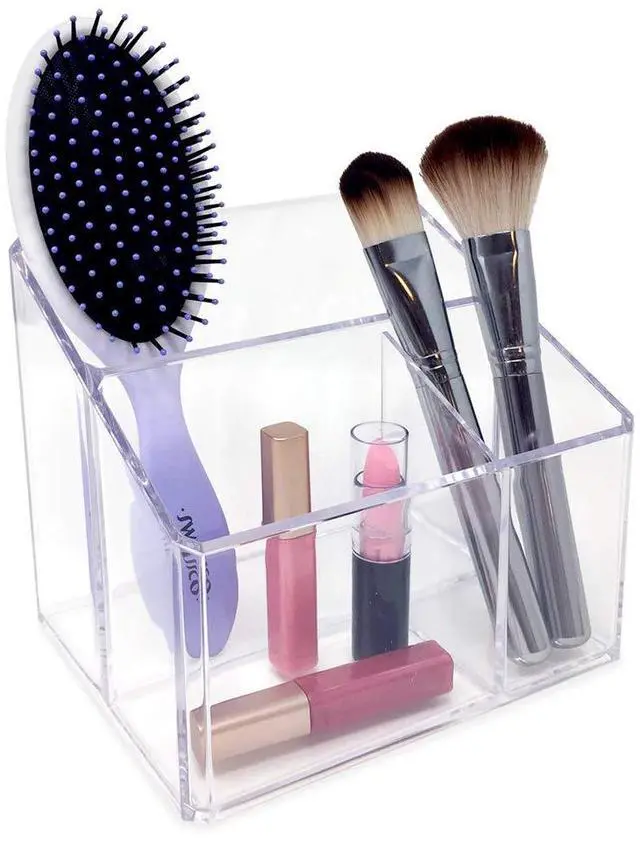 Alt view image 2 of 6 - Clear Acrylic 3-Compartment Organizer, Remote Holder & Multi-Functional Makeup, Brush, Pen & Pencil Storage Solution, for The Home, Bathroom, Office, Childs Desk (3-Section, Clear)