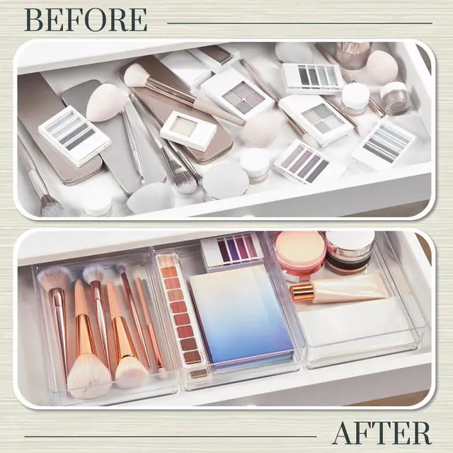 Alt view image 6 of 7 - SimpleSort 3-Piece Stackable Clear Drawer Organizer Set | 9" x 6" x 2" Rectangle Trays | Wide Makeup Vanity Storage Bins and Office Desk Drawer Dividers | Made in USA