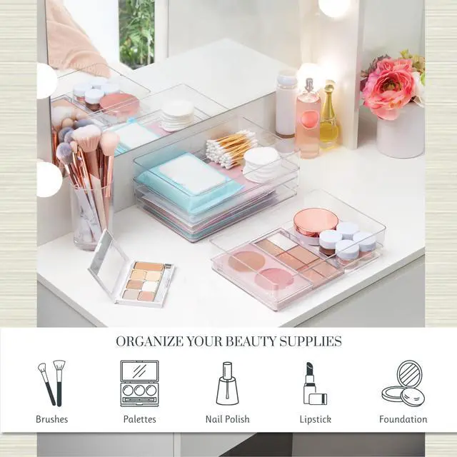 Alt view image 3 of 7 - SimpleSort 3-Piece Stackable Clear Drawer Organizer Set | 9" x 6" x 2" Rectangle Trays | Wide Makeup Vanity Storage Bins and Office Desk Drawer Dividers | Made in USA