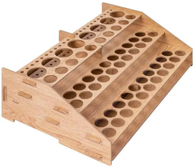 Main image of Craft Paint and Brush Organizer Rack for Paint Bottles, Holds up to 60 Bottles and 22 Brushes, Wood Finish, 14 x 8 in, Light Brown