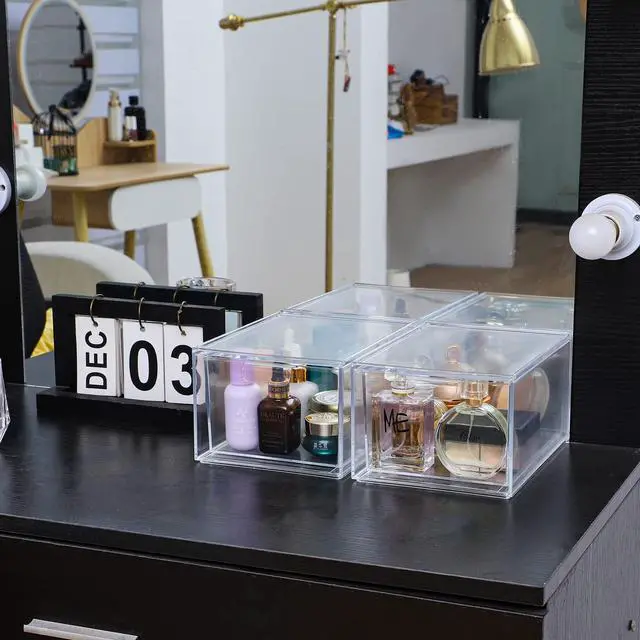 Alt view image 6 of 7 - 2 Pack Stackable Makeup Organizer - 4.5'' Tall Acrylic Cosmetic Display Case - Clear Plastic Storage Bins For Vanity, Under Cabinets, Pantry Organization