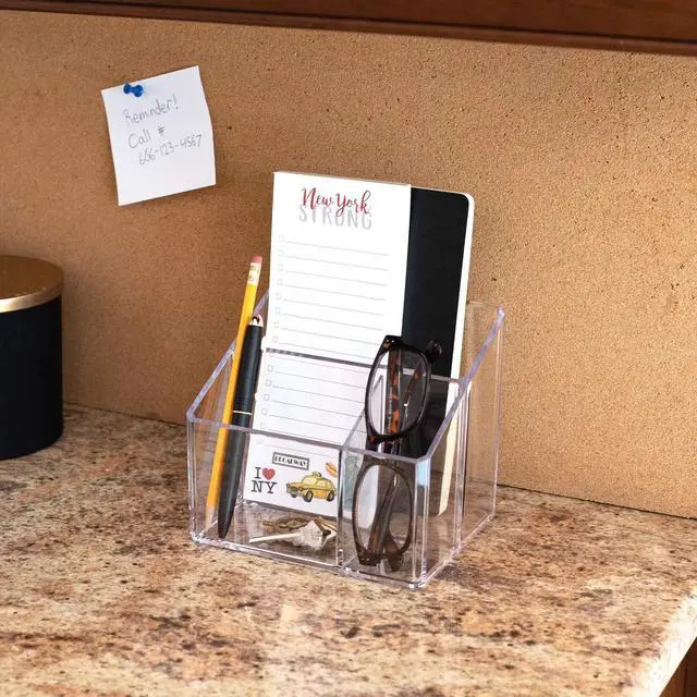 Alt view image 6 of 6 - Clear Acrylic 3-Compartment Organizer, Remote Holder & Multi-Functional Makeup, Brush, Pen & Pencil Storage Solution, for The Home, Bathroom, Office, Childs Desk (3-Section, Clear)