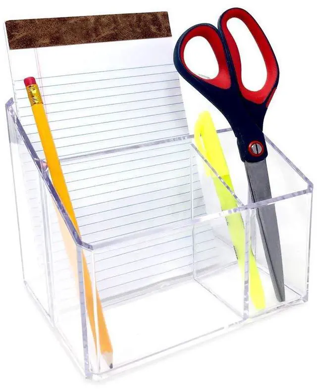 Alt view image 3 of 6 - Clear Acrylic 3-Compartment Organizer, Remote Holder & Multi-Functional Makeup, Brush, Pen & Pencil Storage Solution, for The Home, Bathroom, Office, Childs Desk (3-Section, Clear)
