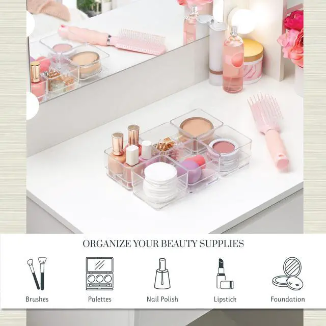 Alt view image 3 of 7 - SimpleSort 6-Piece Stackable Clear Drawer Organizer Set | 3" x 3" x 2" Square Trays | Small Makeup Vanity Storage Bins and Office Desk Drawer Dividers | Made in USA