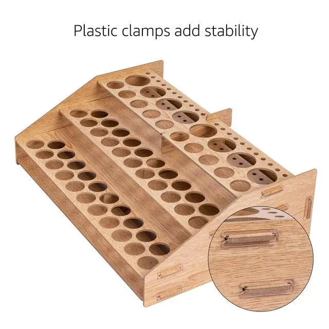 Alt view image 2 of 5 - Craft Paint and Brush Organizer Rack for Paint Bottles, Holds up to 60 Bottles and 22 Brushes, Wood Finish, 14 x 8 in, Light Brown