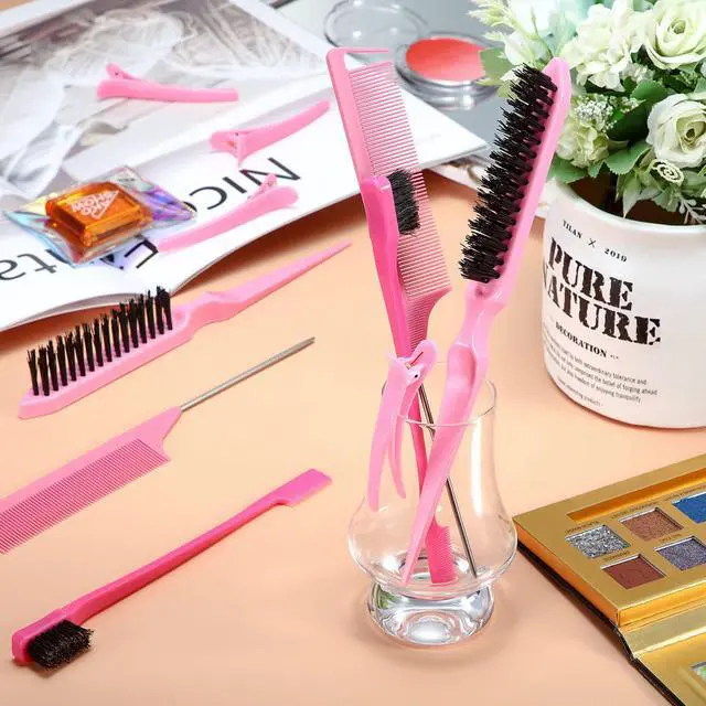 Alt view image 6 of 6 - 12 Pieces Hair Brush Set, Nylon Teasing Hair Brushes 3 Row Salon Teasing Brush, Double Sided Edge Smooth Comb Grooming, Rat Tail Combs with Duckbill Clips for Women(Pink)