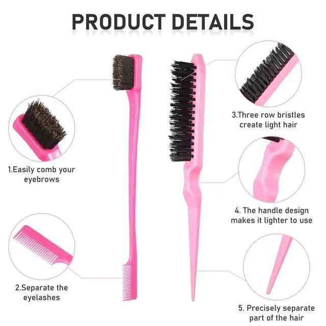 Alt view image 3 of 6 - 12 Pieces Hair Brush Set, Nylon Teasing Hair Brushes 3 Row Salon Teasing Brush, Double Sided Edge Smooth Comb Grooming, Rat Tail Combs with Duckbill Clips for Women(Pink)