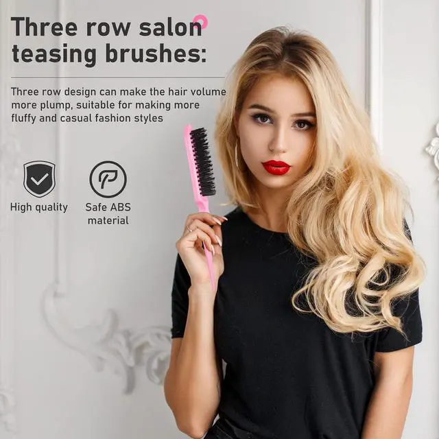 Alt view image 5 of 6 - 12 Pieces Hair Brush Set, Nylon Teasing Hair Brushes 3 Row Salon Teasing Brush, Double Sided Edge Smooth Comb Grooming, Rat Tail Combs with Duckbill Clips for Women(Pink)