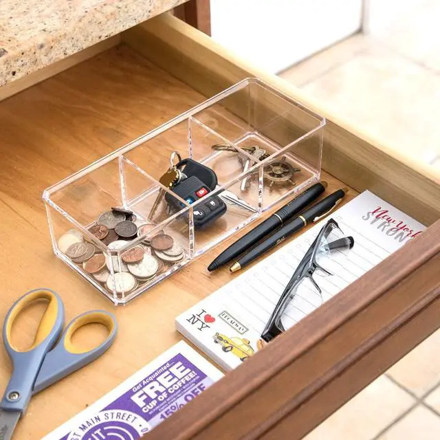 Alt view image 5 of 6 - Clear Acrylic 3 Section Organizer- Three Compartment Drawer Tray and Storage Solution for Office, Bathroom, Kitchen, Supplies, and More (Clear)