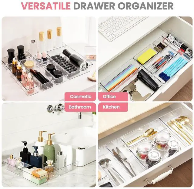 Alt view image 4 of 7 - Makeup Drawer Organizer Trays 17 PCS, 4-Size Clear Drawer Organizers with Silicone Pads, Vanity Organizers and Storage, Non Slip Plastic Drawer Organizer for Desk, Bathroom, Kitchen, Office