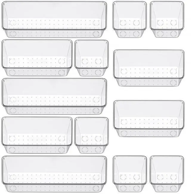 Main image of 12 Piece Clear Drawer Organizer Set, 3 Sizes Bathroom Vanity Organizer Trays and Storage Bins for Makeup, Cosmetics, Jewelry, and Gadgets. Perfect for Office, Kitchen, Bedroom, Bathroom Use.