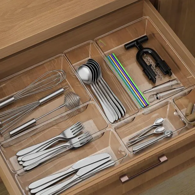 Alt view image 6 of 7 - 12 Piece Clear Drawer Organizer Set, 3 Sizes Bathroom Vanity Organizer Trays and Storage Bins for Makeup, Cosmetics, Jewelry, and Gadgets. Perfect for Office, Kitchen, Bedroom, Bathroom Use.