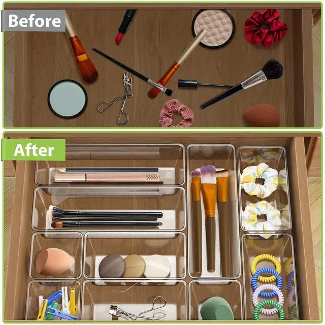 Alt view image 3 of 7 - 12 Piece Clear Drawer Organizer Set, 3 Sizes Bathroom Vanity Organizer Trays and Storage Bins for Makeup, Cosmetics, Jewelry, and Gadgets. Perfect for Office, Kitchen, Bedroom, Bathroom Use.