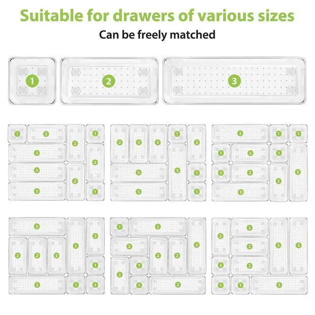 Alt view image 7 of 7 - 12 Piece Clear Drawer Organizer Set, 3 Sizes Bathroom Vanity Organizer Trays and Storage Bins for Makeup, Cosmetics, Jewelry, and Gadgets. Perfect for Office, Kitchen, Bedroom, Bathroom Use.