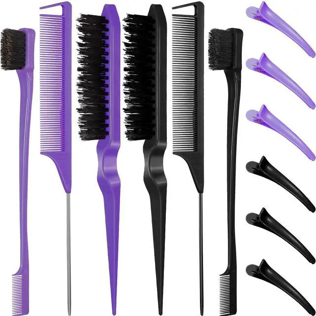 Main image of 12 Piece Nylon Brushes Set for Grooming - Salon Teasing Brush, Double-Sided Edge Brush, Smooth Comb, Rat Tail Combs with Duckbill Clips for Women and Girls (Purple, Black)