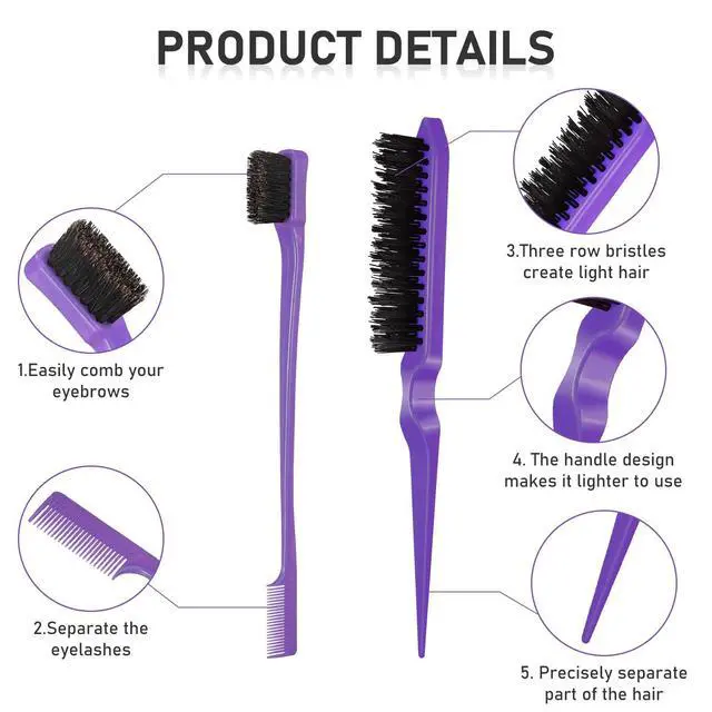 Alt view image 3 of 6 - 12 Piece Nylon Brushes Set for Grooming - Salon Teasing Brush, Double-Sided Edge Brush, Smooth Comb, Rat Tail Combs with Duckbill Clips for Women and Girls (Purple, Black)
