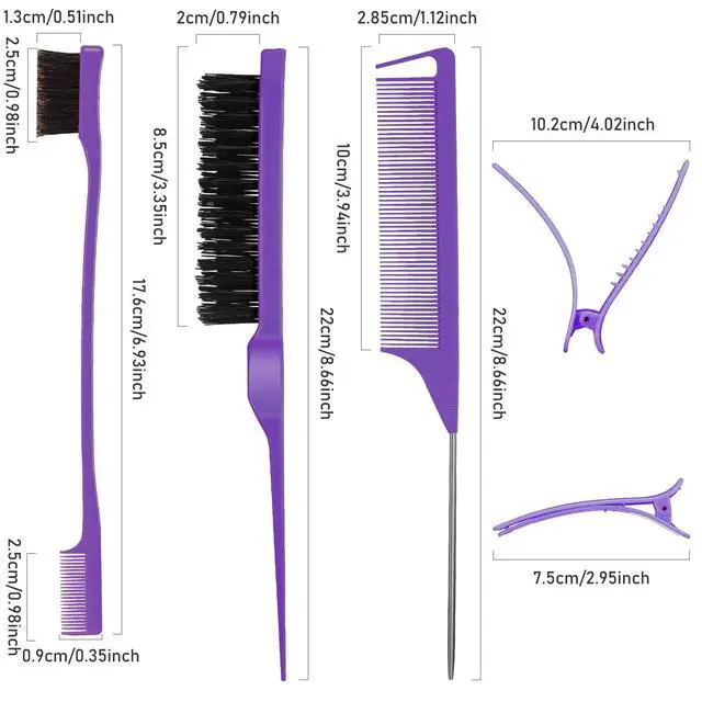 Alt view image 2 of 6 - 12 Piece Nylon Brushes Set for Grooming - Salon Teasing Brush, Double-Sided Edge Brush, Smooth Comb, Rat Tail Combs with Duckbill Clips for Women and Girls (Purple, Black)