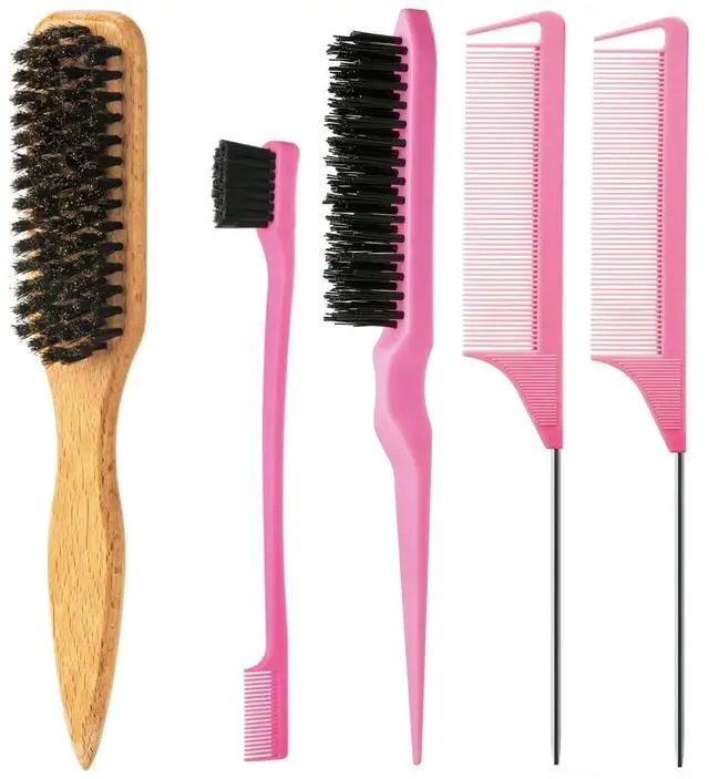 Main image of 5pcs Boar Bristle Slick Back Hair Brush,Double Sided Edge Control Brush,Metal Pin Rat Tail Combs,Bristle Teasing Hair Brush,Woman Girl hair Styling Pink