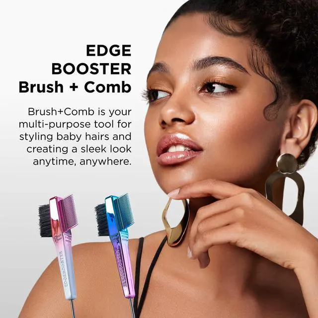 Alt view image 2 of 7 - EDGE BOOSTER® Edge Brush+Comb Regular | Baby Hair Brush/Travel Brush with Compact Case | Travel Size Dual-Ended Boar Bristles & Pintail Comb for Edges, Parting & Styling | Pink/White