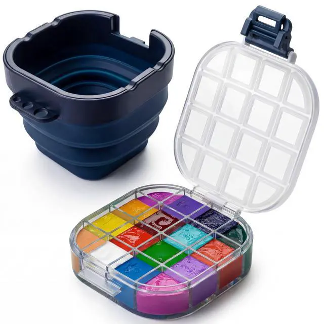 Main image of 16-Well Airtight Gouache Palette Box with Lid & Foldable Water Cup, Blue