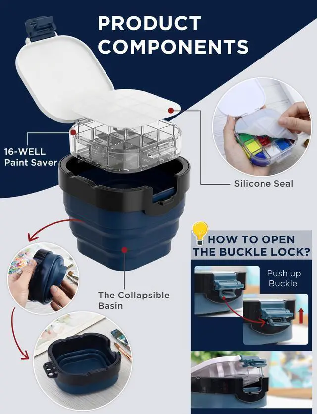 Alt view image 2 of 7 - 16-Well Airtight Gouache Palette Box with Lid & Foldable Water Cup, Blue