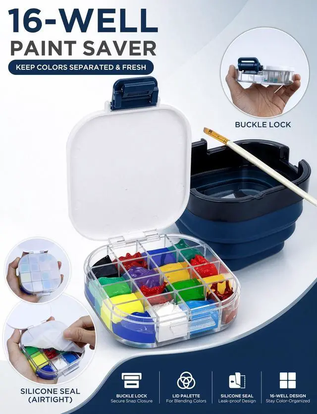 Alt view image 3 of 7 - 16-Well Airtight Gouache Palette Box with Lid & Foldable Water Cup, Blue