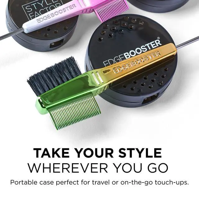 Alt view image 7 of 7 - EDGE BOOSTER® Edge Brush+Comb Regular | Baby Hair Brush/Travel Brush with Compact Case | Travel Size Dual-Ended Boar Bristles & Pintail Comb for Edges, Parting & Styling | Pink/White