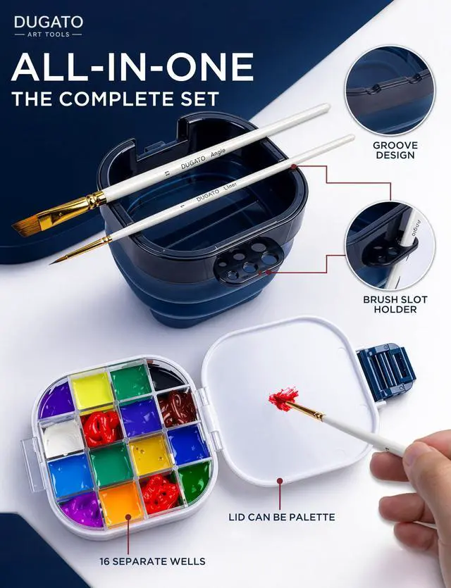 Alt view image 5 of 7 - 16-Well Airtight Gouache Palette Box with Lid & Foldable Water Cup, Blue