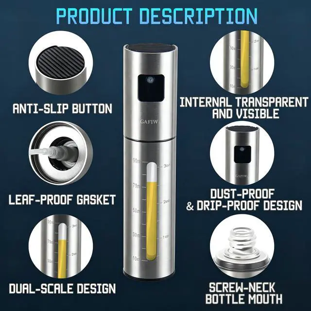 Alt view image 3 of 5 - Advanced Olive Oil Sprayer for Cooking, Kitchen Avocado Oil Spray Bottles, Oil Mister Dispenser, 304 Stainless Steel Shell & Food-safe PP Plastic inner Bottle, 100ml, Leak-Proof and Portable.