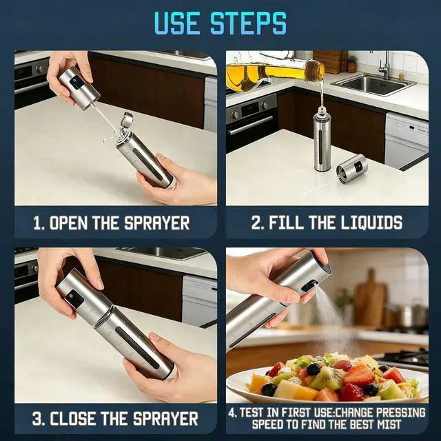 Alt view image 5 of 5 - Advanced Olive Oil Sprayer for Cooking, Kitchen Avocado Oil Spray Bottles, Oil Mister Dispenser, 304 Stainless Steel Shell & Food-safe PP Plastic inner Bottle, 100ml, Leak-Proof and Portable.