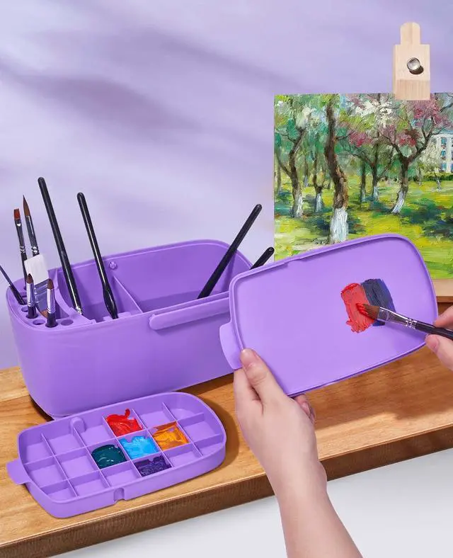 Alt view image 6 of 6 - Paint Brush Cleaner - Paint Brush Holder with Palette and Handle,Rinser for Acrylic, Watercolor, and Water-Based Paints, Painting Art Supply Storage Organizer (purple)